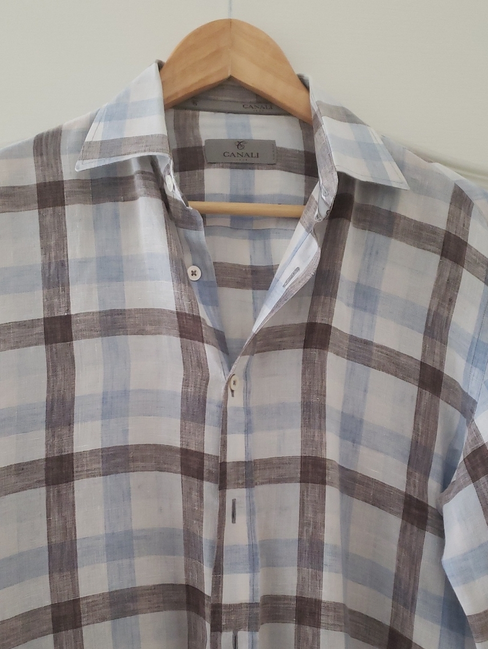 Canali Men’s Light Blue and Brown Plaid Linen Shirt